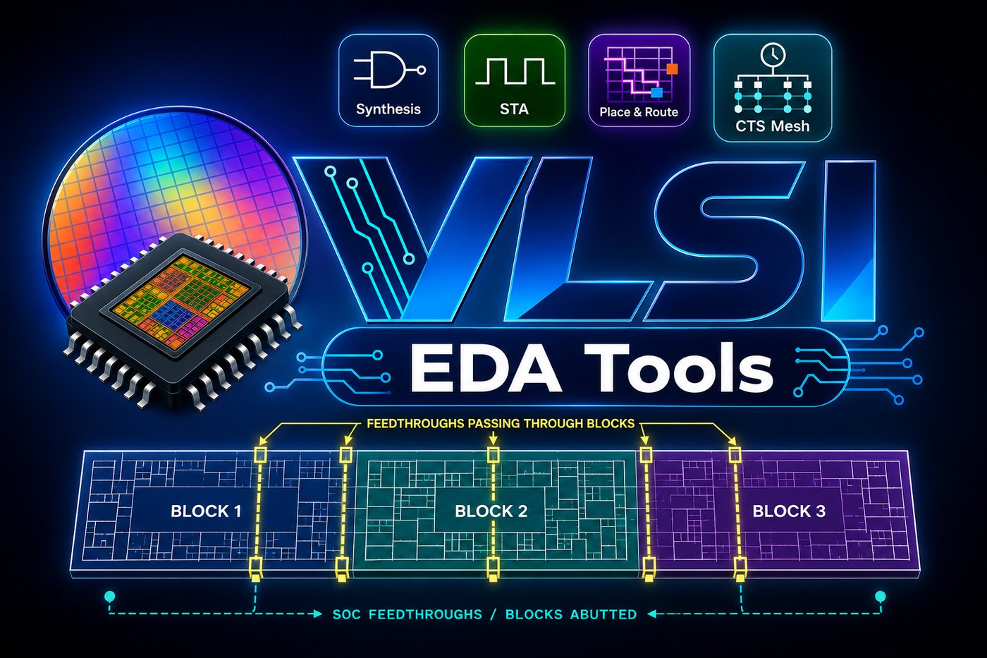 VLSI EDA Tools graphic: Synthesis, STA, Place & Route and CTS Mesh icons above a wafer and packaged chip, with three abutted SoC blocks and their feedthroughs below.